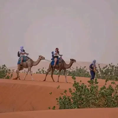two people are riding on camels in the desert at Trek Plan Camp in Mhamid