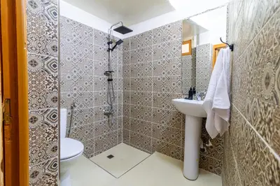 a bathroom with a shower and a sink and a toilet at Riad Batha in Fès