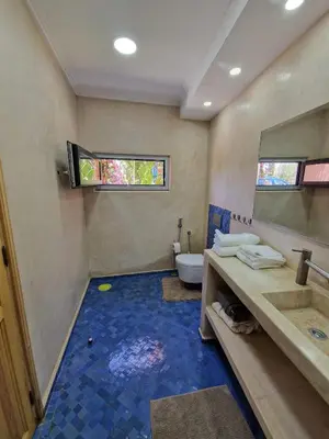 a bathroom with a sink and a toilet and a mirror at Villa Palmengarten Meknès bei Fes in Meknès