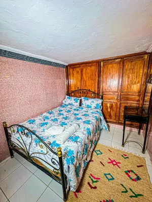 a bedroom with a bed and a chair and a rug at Hostel Speakeasy Fes in Fès