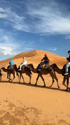 a group of people riding horses in the desert at Auberge Camping La Libertè in Merzouga