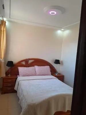 a bedroom with a large bed with two lamps on tables at Marwan's apartment Ifrane Gardens in Ifrane