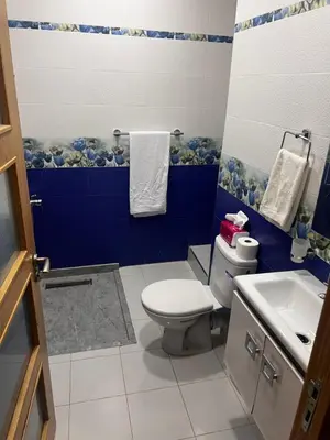 a blue and white bathroom with a toilet and a sink at Villa SKYVIEW in Beni Mellal