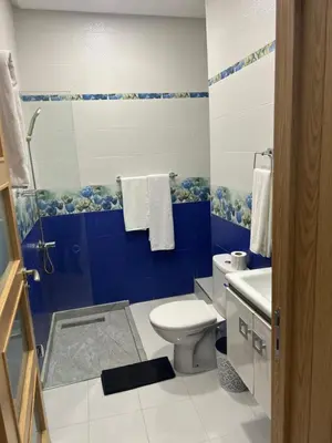 a blue and white bathroom with a toilet and a sink at Villa SKYVIEW in Beni Mellal