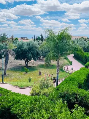 a garden with palm trees and a walkway at Entire villa with private pool in Marrakech in Marrakech
