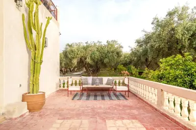 a patio with a table and chairs and a cactus at Villa les Oliviers avec piscine privée & jardin - Atlas view in Marrakech