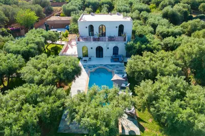 an aerial view of a house with a swimming pool and trees at Villa les Oliviers avec piscine privée & jardin - Atlas view in Marrakech