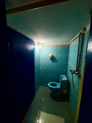 a blue bathroom with a toilet and a shower at Maison d'hôte Riad Todra in Tinerhir