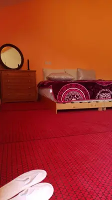 a bedroom with two beds and a mirror and a red carpet at AYA Farm,Ferme d'hotes Aguelmous in Khenifra