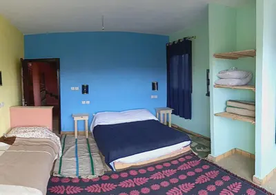 a room with a blue wall with a bed and shelves at Auberge Assays in Taliouine