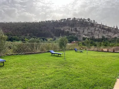 two benches in a field with a mountain in the background at Jnane Ayam Atlas in Ourika