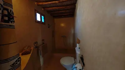 a small bathroom with a toilet and a shower at kasba Harmony in Oulad Saïd