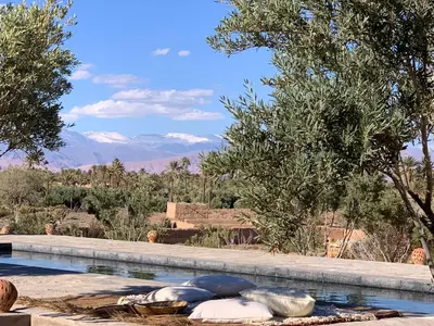 a swimming pool with some rocks in the water at Dar faracha in Ouarzazate