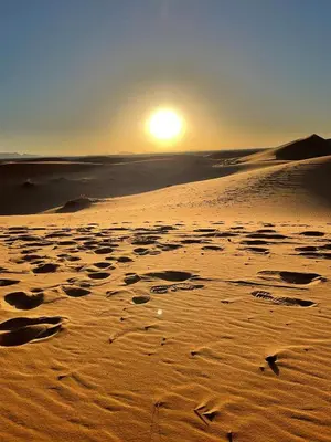 a sunset in the desert with footprints in the sand at beduincamp in Hassilabied