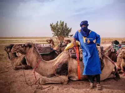 a man standing next to a group of camels at Luxury Nomad Style in Merzouga