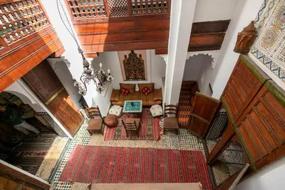 an overhead view of a living room with furniture at Dar Authentic Fes - familly hosting in Fès
