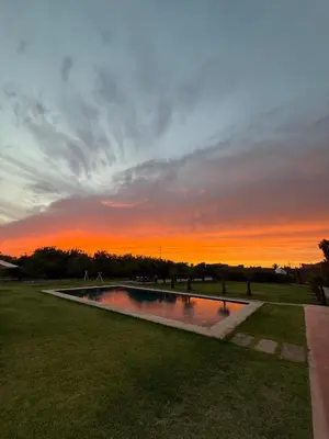 a sunset over a pond in a grassy field at L'Oasis Villa in Marrakech