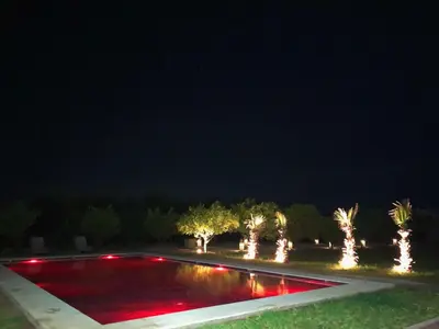 a swimming pool at night with palm trees and lights at L'Oasis Villa in Marrakech