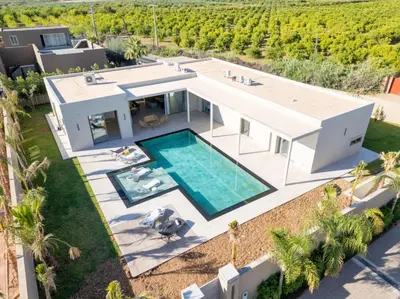an aerial view of a house with a swimming pool at Villa Seyana master, piscine privée, sans vis à vis in Marrakech
