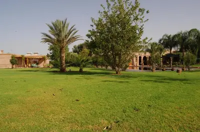 a green field with trees and a building in the background at Maidan El Arsa in Marrakech
