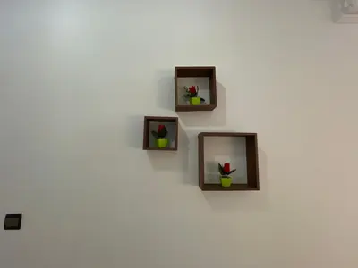 a wall with three picture frames with flowers in them at appartement meublee a louer sur Fes in Fès