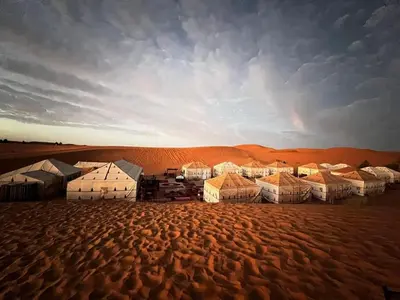 a group of camels in the desert with the sunset at Magnificent Luxury Camp in Merzouga