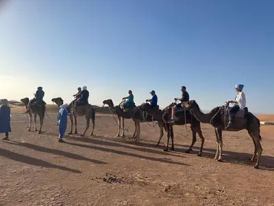 a group of people on camels in the desert at Touareg Desert Camp Erg Chigaga in El Gouera