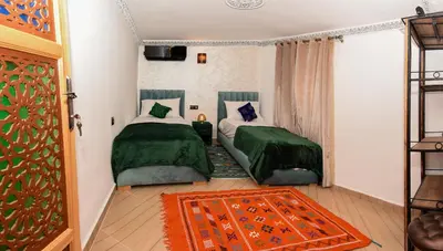 a bedroom with two beds with green sheets and a rug at Appart Sahraoui Medina in Fès al Bali