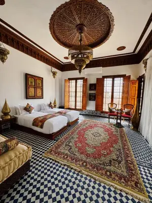 a bedroom with two beds and a rug at Riad Zawiyat Fes in Fès