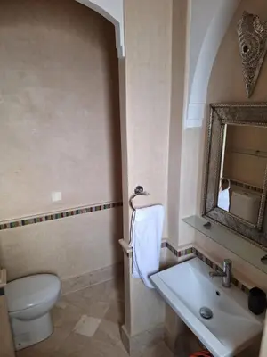 a bathroom with a toilet and a sink and a mirror at Villa des oliviers in Marrakech
