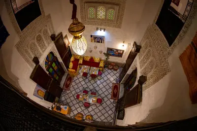 an overhead view of a kitchen with christmas presents at Riad LalaMoune in Fès