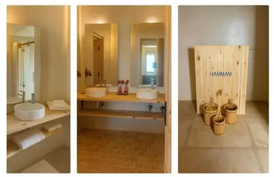 three pictures of a bathroom with two sinks and a mirror at ENZAHA CASTLE l in Bhalil