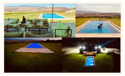 a collage of four pictures of a pool with a person in it at ENZAHA CASTLE l in Bhalil