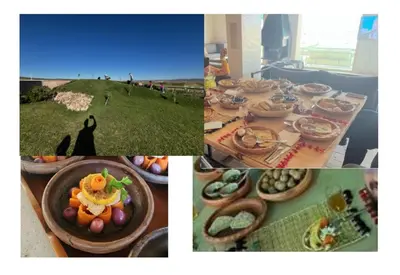 a collage of three pictures with food on a table at ENZAHA CASTLE l in Bhalil