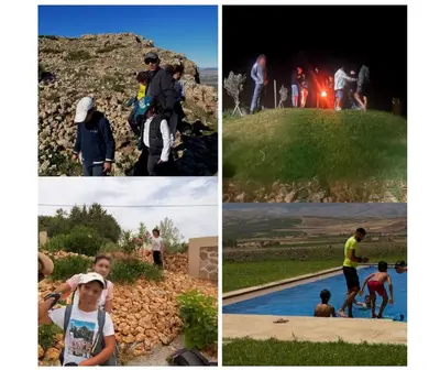 four different pictures of people standing around a swimming pool at ENZAHA CASTLE l in Bhalil