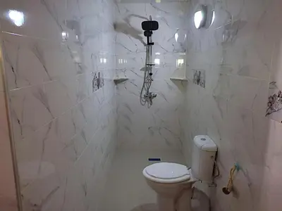 a white bathroom with a toilet and a shower at Lina Village in Al Hachlaf