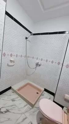 a bathroom with a pink toilet and a shower at Spacieux Appartement in Azrou