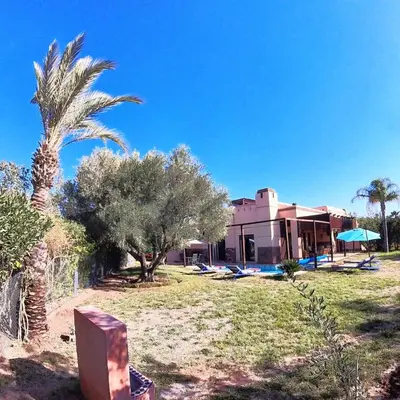 a house with a palm tree in front of it at Villa Belle vue - with a private & Heated pool in Marrakech
