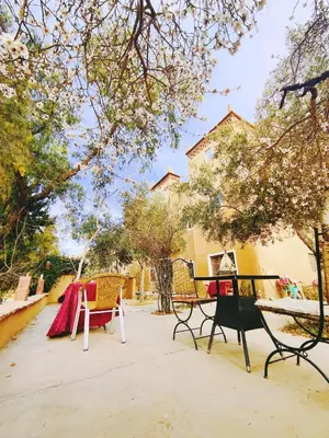 a group of chairs and tables on a patio at Riad Kasbah des Roches in Akhendachou nʼAït Ouffi