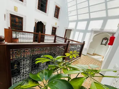 a balcony of a building with plants in the foreground at Riad Fes Miracle in Fès al Bali