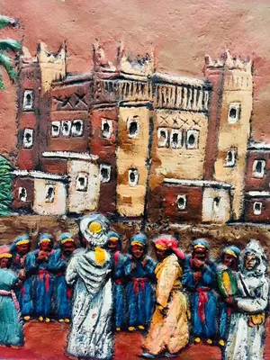 a painting of a group of people in front of a building at Riad Fes Miracle in Fès al Bali