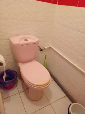 a bathroom with a pink toilet and a tub at Maison Ich chez Abdel in Ich