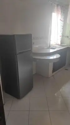 a small kitchen with a sink and a refrigerator at Les Appartements de la Place Atlas in Fès