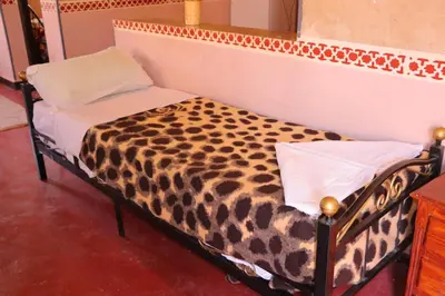 a bed in a room with a cheetah print blanket at Gite d'étape Tafsoute in Tameskikt