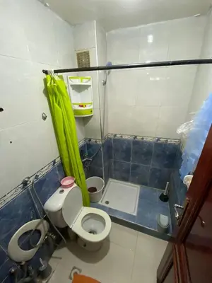 a small bathroom with a toilet and a green umbrella at apartement moderne fes in Fès