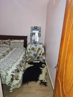 a dog laying on the floor next to a bed at Tradionelle Berber Ain Sardoun in Beni Mellal