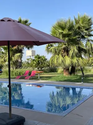 a pool with two chairs and an umbrella and palm trees at Domaine Farah in Meknès