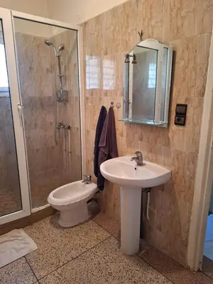 a bathroom with a sink and a shower and a toilet at Fes City Center Comfy Apartment in Fès