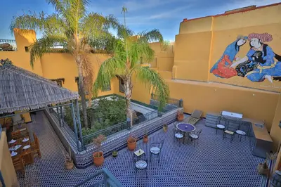 an aerial view of a building with palm trees at Riad Louna Fes & Spa in Fès