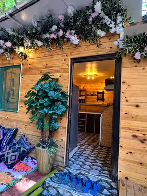 a room with a wooden wall with a plant on it at Tikida house in Ouzoud